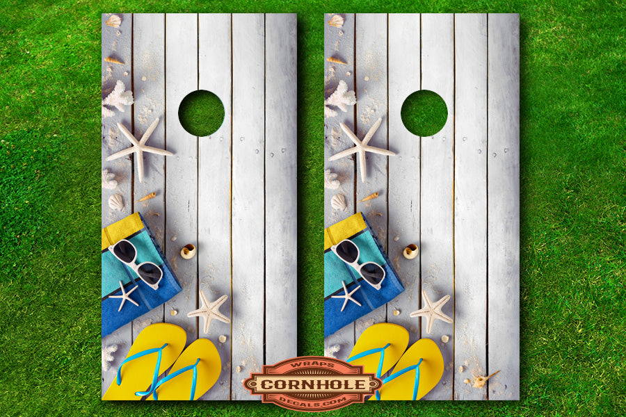 White Wood, Beach Sandals, Starfish Sunglasses Cornhole Decals Rocket Cornhole Bags