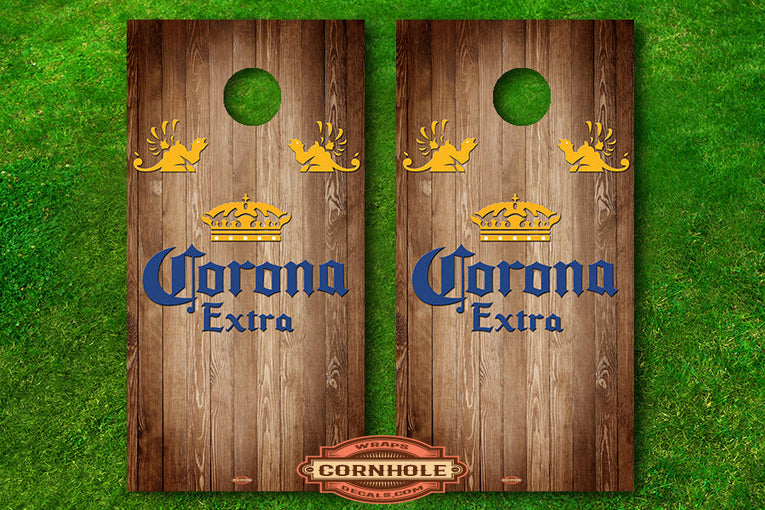 Brown Wooden Corona Extra Cornhole Board Decals Rocket Cornhole Bags