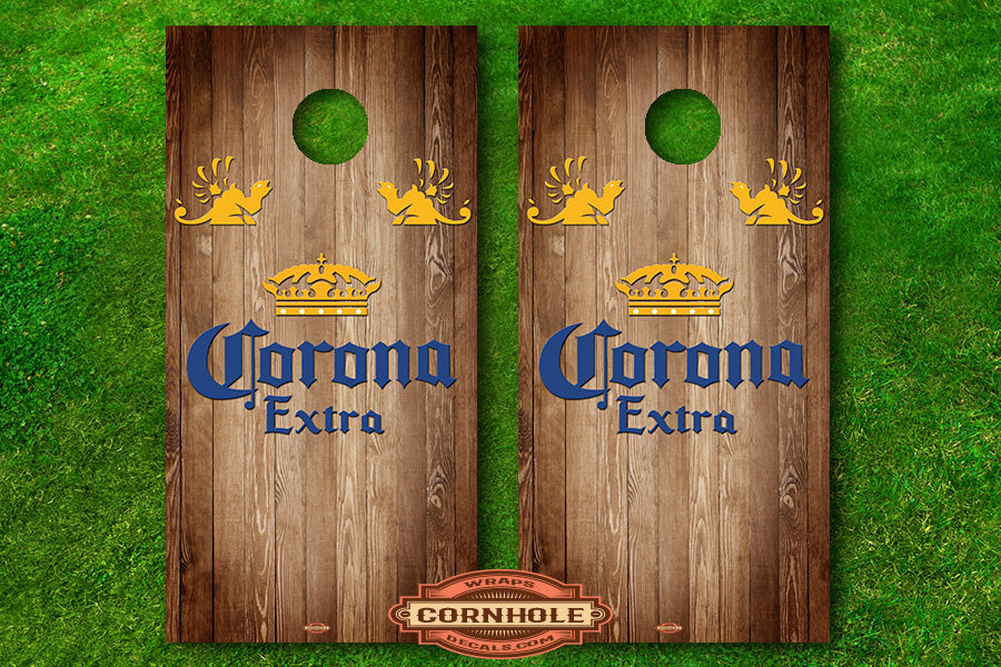 Brown Wooden Corona Extra Cornhole Board Decals Rocket Cornhole Bags