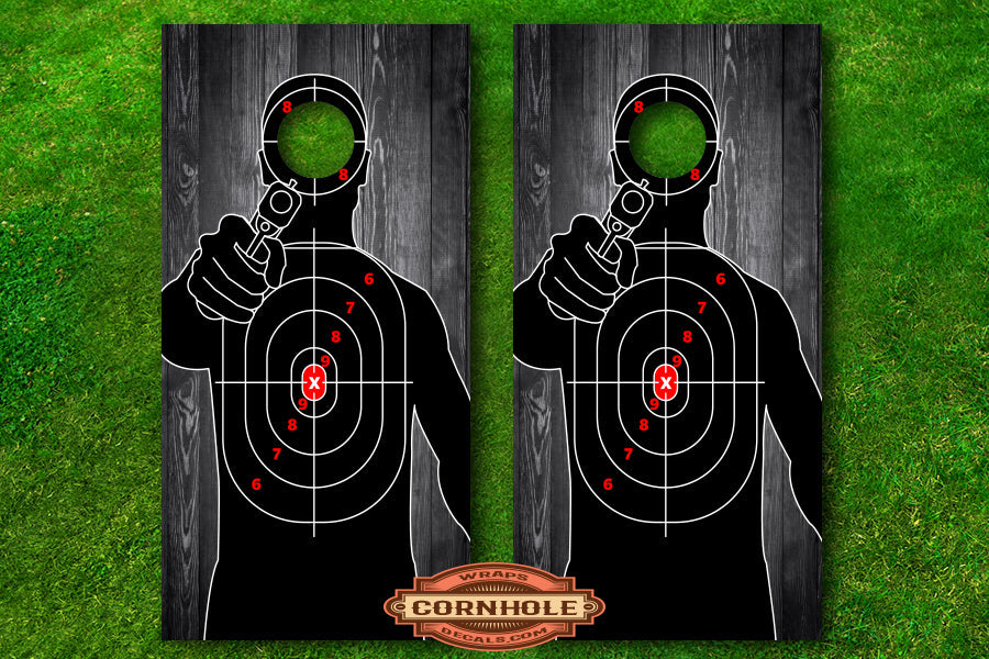 Target Practice Dark Wood Second Amendment Cornhole Decals Rocket Cornhole Bags