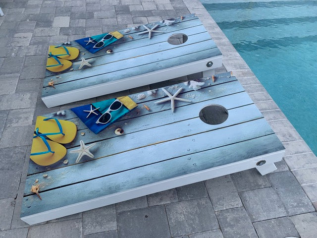 White Wood, Beach Sandals, Starfish Sunglasses Cornhole Decals Rocket Cornhole Bags