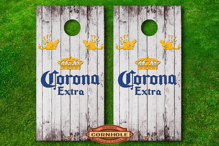 White Wooden Corona Extra Cornhole Board Decals Rocket Cornhole Bags