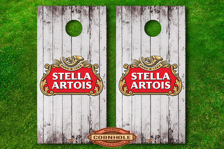 White Wooden Stella Artois Cornhole Board Decals Rocket Cornhole Bags