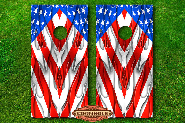 American Flag Ghosted Flames Cornhole Board Decal Rocket Cornhole Bags