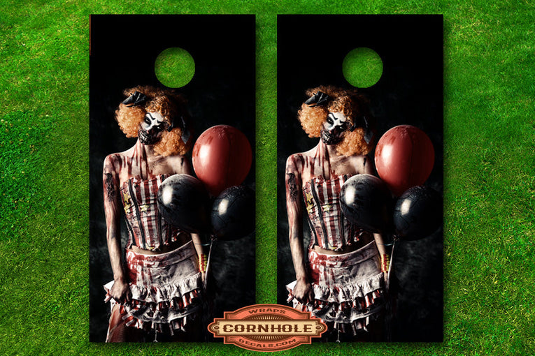 Sexy Creepy Evil Clown Girl Cornhole Board Wraps Rocket Cornhole Bags