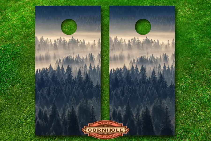 Misty Forest Tree Tops Cornhole Board Decals Rocket Cornhole Bags
