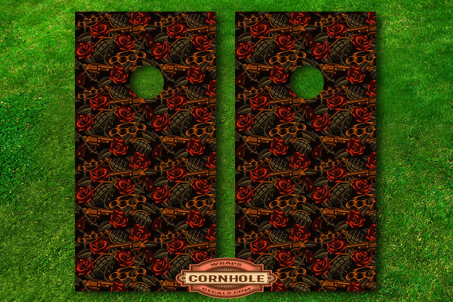 Guns, Brass Knuckles and Grenades Tattoo Cornhole Wrap Rocket Cornhole Bags