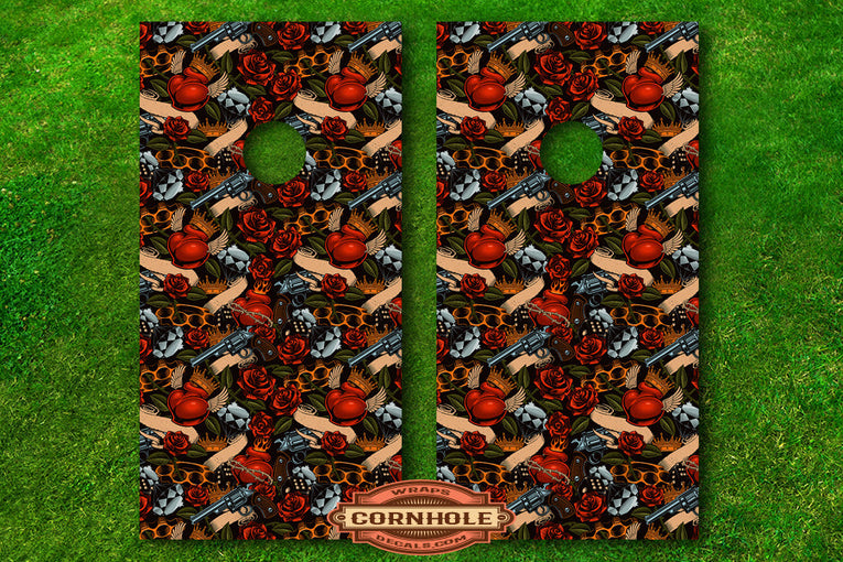 Guns Hearts Roses Tattoo Style Cornhole Board Wraps Rocket Cornhole Bags