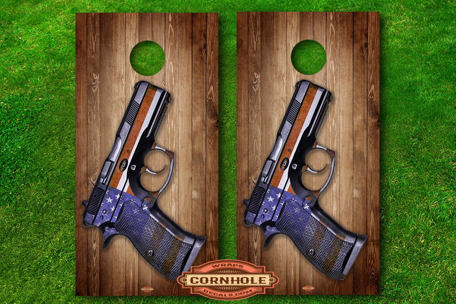 American Flag Handgun Second Amendment Cornhole Decals Rocket Cornhole Bags