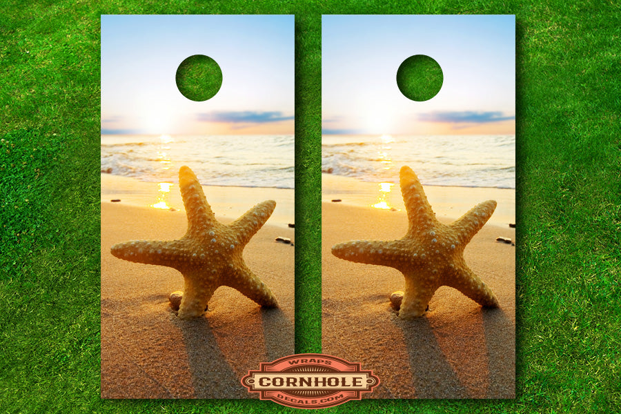Starfish on Beach Cornhole Board Decals Rocket Cornhole Bags