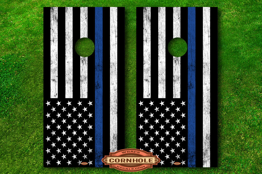 Thin Blue Line American Flag Decal Wrap Rocket Cornhole Bags