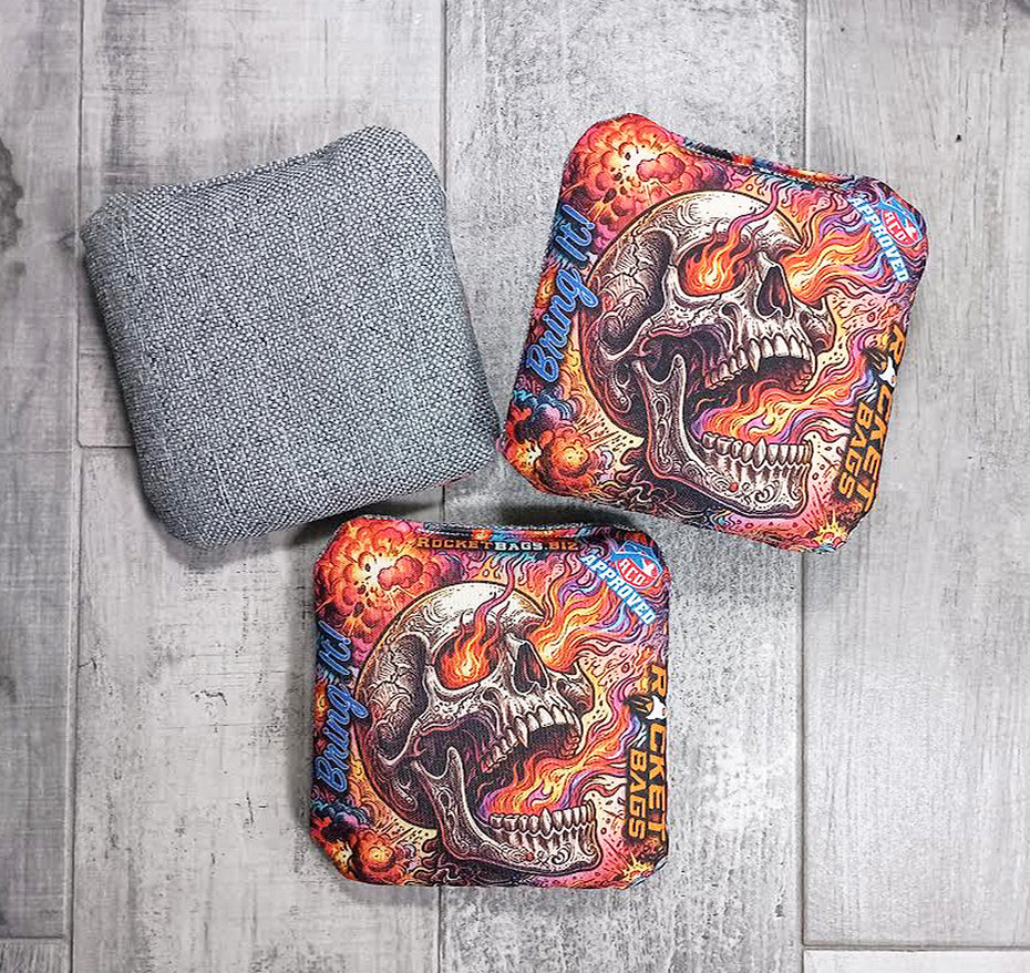 Bring It! Flaming Skull Carpet Cornhole Bags ACO Approved
