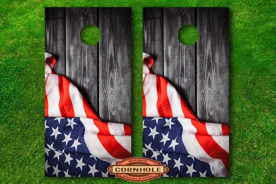 Draped American Flag Cornhole Board Decal Rocket Cornhole Bags