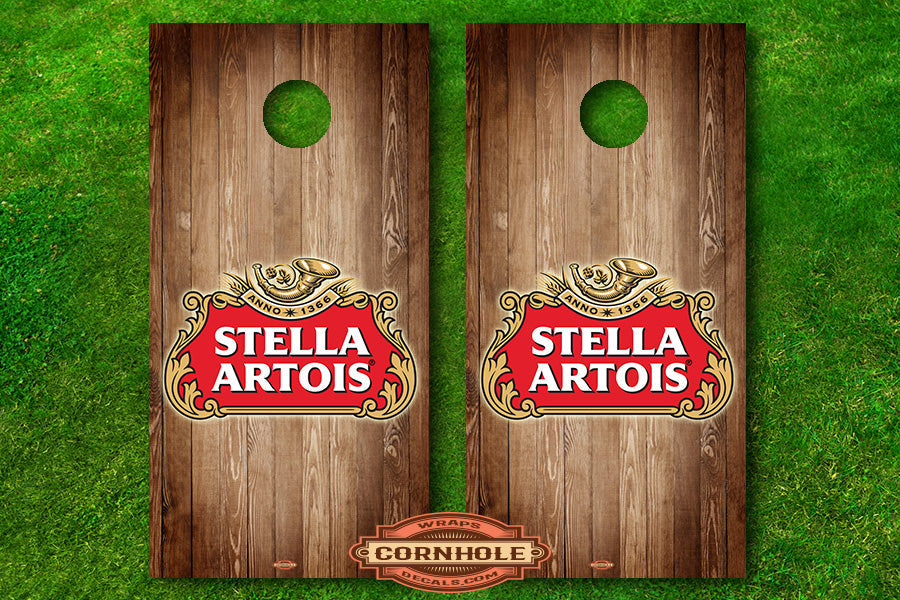 Brown Wooden Stella Artois Cornhole Board Decals Rocket Cornhole Bags