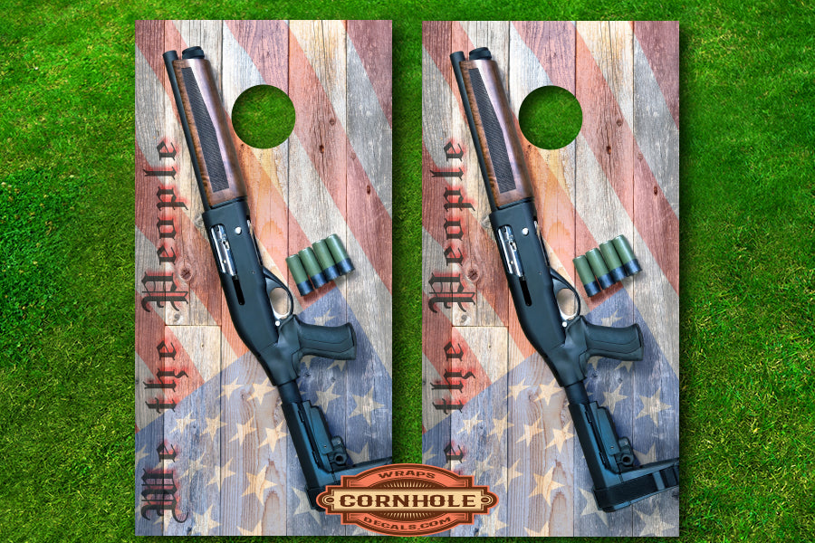 American Flag Shot Gun 2A Cornhole board wraps Rocket Cornhole Bags