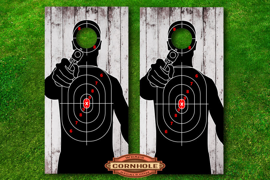 Target Practice White Wood Second Amendment Cornhole Decals Rocket Cornhole Bags