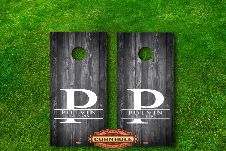 Family Last Name Monogram Dark Wood Cornhole Board Decal Rocket Cornhole Bags