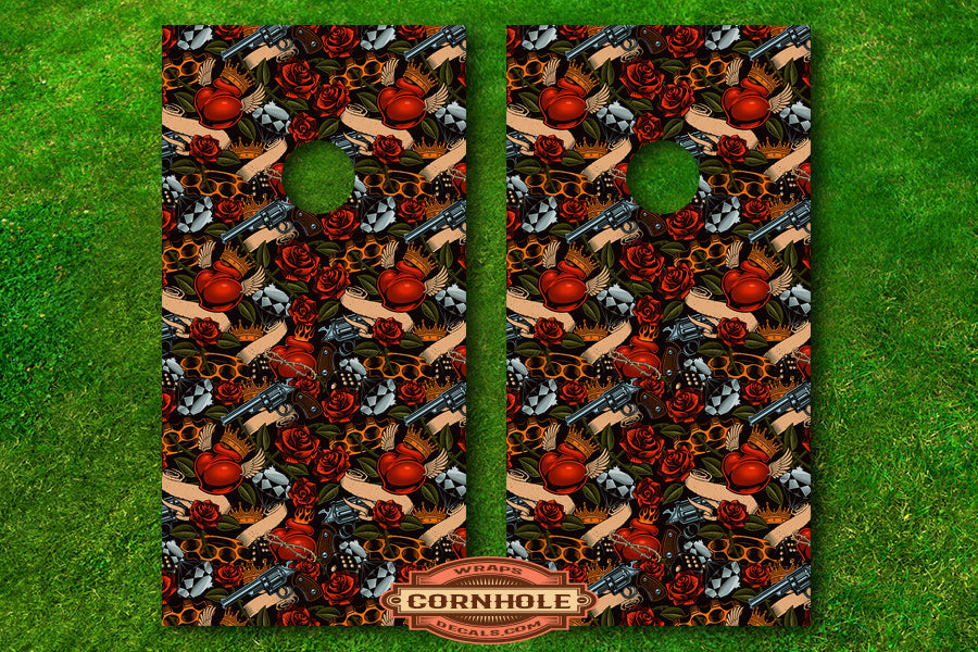 Guns Hearts Roses Tattoo Style Cornhole Board Wraps Rocket Cornhole Bags