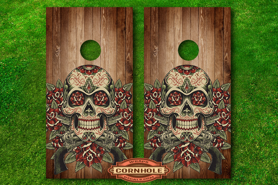 Guns Sugar Skull Cornhole Wraps Rocket Cornhole Bags