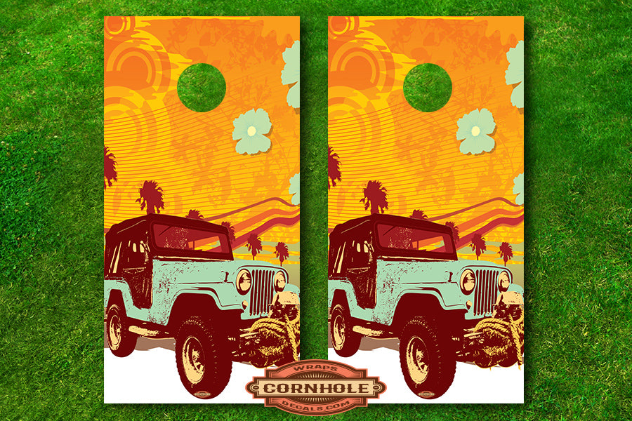 Retro JEEP Cornhole Board Wraps Rocket Cornhole Bags