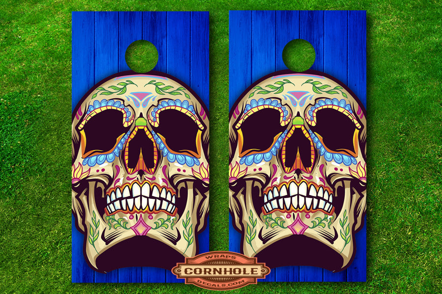 Sugar Skull on Blue Cornhole Boards Decals Rocket Cornhole Bags