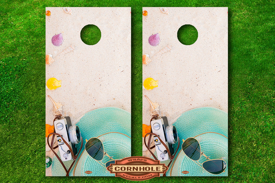 Sunglasses, Sand and Seashells Cornhole Board Decals Rocket Cornhole Bags
